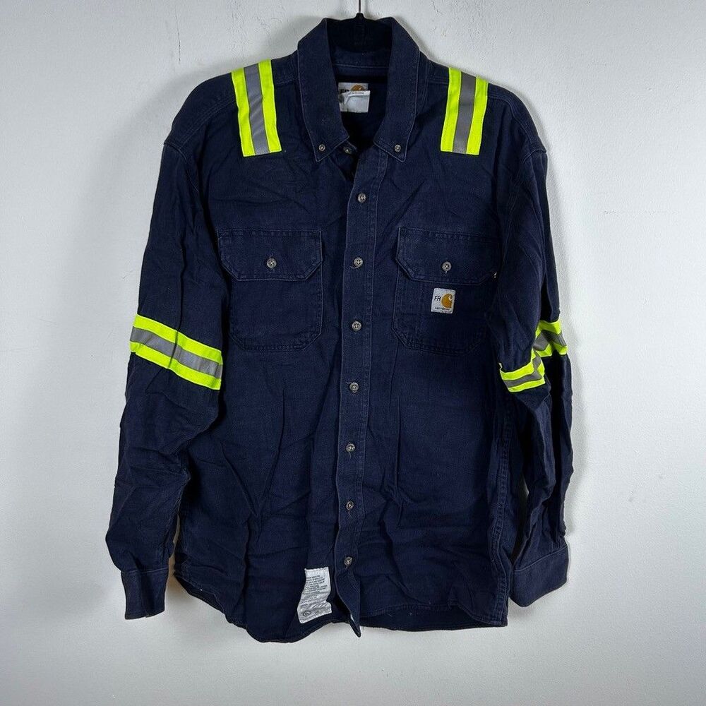 Carhartt FR Shirt Mens Large Navy Blue Flame Resistant Hi Vis Reflective Work